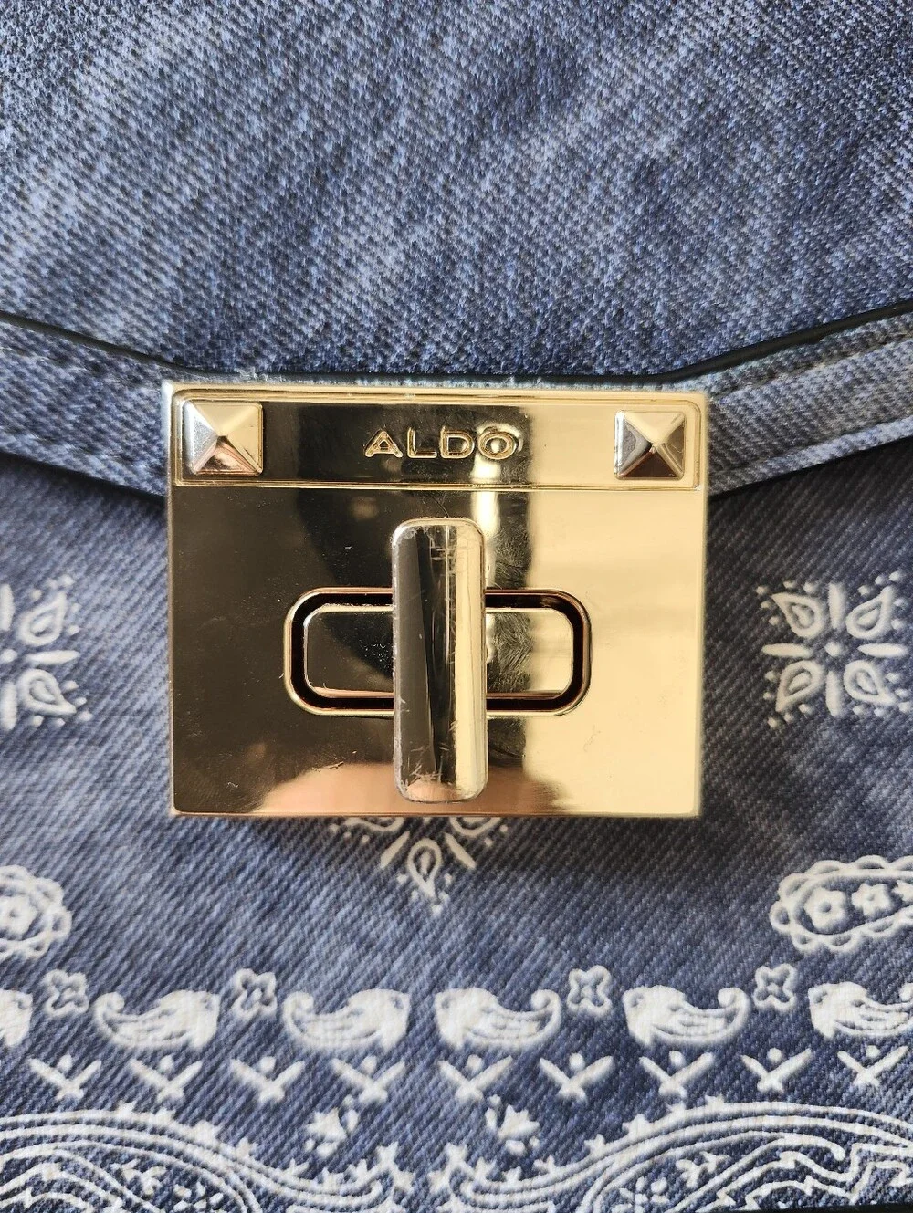 ALDO Pattern Blue Top-Handle Satchel with Gold Hardware